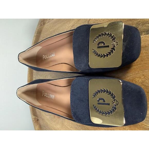Pollini Clodette15 Oceano Navy Suede Ballerinas w/ Gold Plaque EU 35 / US 5 NWB - Picture 2 of 12